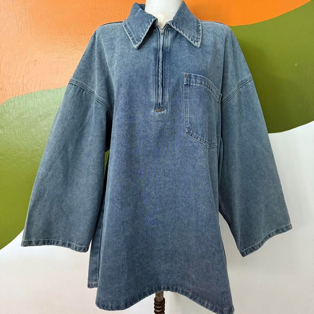Oversized Half Zip Denim Dress Tunic T-Shirt Top Blue Wide boxy loose Sz M Wide